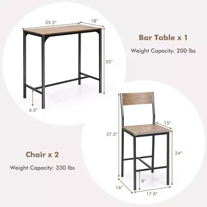 Set tavolo da bar Costway 3 pezzi, tavolo da pranzo stile industriale altezza bancone con 2 sgabelli