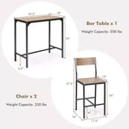 Set tavolo da bar Costway 3 pezzi, tavolo da pranzo stile industriale altezza bancone con 2 sgabelli