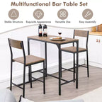 Set tavolo da bar Costway 3 pezzi, tavolo da pranzo stile industriale altezza bancone con 2 sgabelli