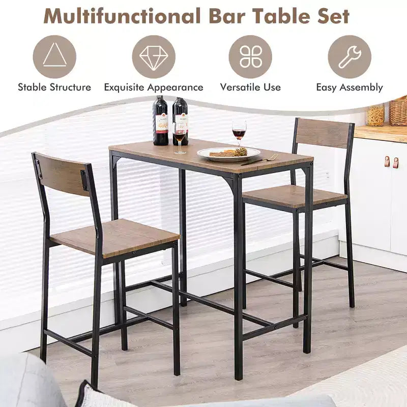 Set tavolo da bar Costway 3 pezzi, tavolo da pranzo stile industriale altezza bancone con 2 sgabelli