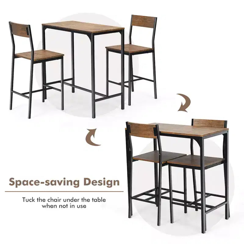 Set tavolo da bar Costway 3 pezzi, tavolo da pranzo stile industriale altezza bancone con 2 sgabelli