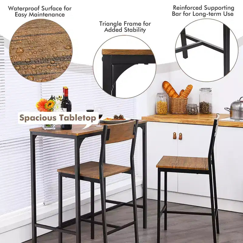 Set tavolo da bar Costway 3 pezzi, tavolo da pranzo stile industriale altezza bancone con 2 sgabelli