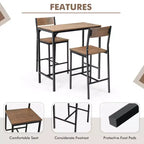 Set tavolo da bar Costway 3 pezzi, tavolo da pranzo stile industriale altezza bancone con 2 sgabelli