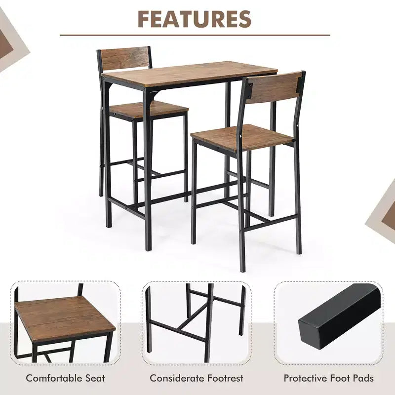 Set tavolo da bar Costway 3 pezzi, tavolo da pranzo stile industriale altezza bancone con 2 sgabelli