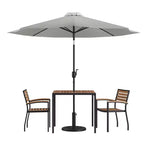 Merrick Lane Five Piece Faux Teak Patio Dining Set Includes Table, Two Club Chairs, 9' Patio Umbrella and Base