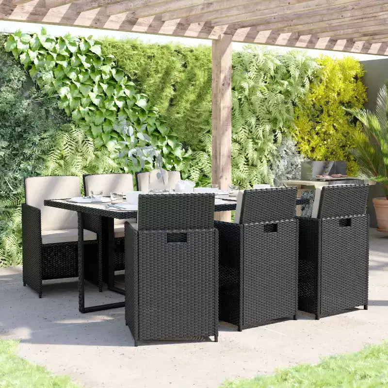 Set da pranzo per esterni da 7 pezzi Flash Furniture Peregrine, sedie modulari in vimini salvaspazio con cuscini e piano del tavolo in legno di acacia
