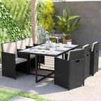 Set da pranzo per esterni da 7 pezzi Flash Furniture Peregrine, sedie modulari in vimini salvaspazio con cuscini e piano del tavolo in legno di acacia