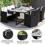 Set da pranzo per esterni da 7 pezzi Flash Furniture Peregrine, sedie modulari in vimini salvaspazio con cuscini e piano del tavolo in legno di acacia