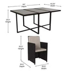 Set da pranzo per esterni da 7 pezzi Flash Furniture Peregrine, sedie modulari in vimini salvaspazio con cuscini e piano del tavolo in legno di acacia