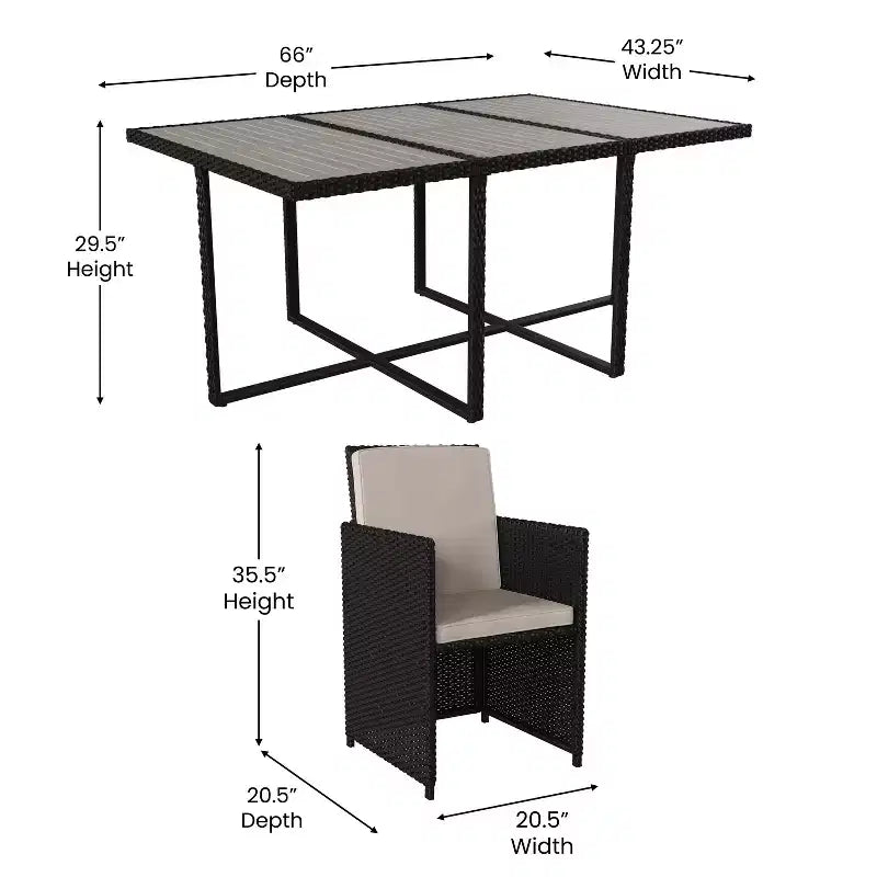 Set da pranzo per esterni da 7 pezzi Flash Furniture Peregrine, sedie modulari in vimini salvaspazio con cuscini e piano del tavolo in legno di acacia