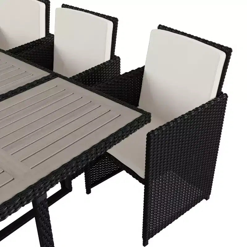 Set da pranzo per esterni da 7 pezzi Flash Furniture Peregrine, sedie modulari in vimini salvaspazio con cuscini e piano del tavolo in legno di acacia