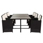 Set da pranzo per esterni da 7 pezzi Flash Furniture Peregrine, sedie modulari in vimini salvaspazio con cuscini e piano del tavolo in legno di acacia