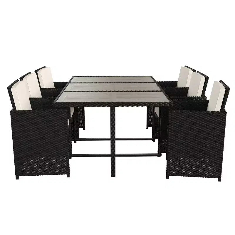Set da pranzo per esterni da 7 pezzi Flash Furniture Peregrine, sedie modulari in vimini salvaspazio con cuscini e piano del tavolo in legno di acacia