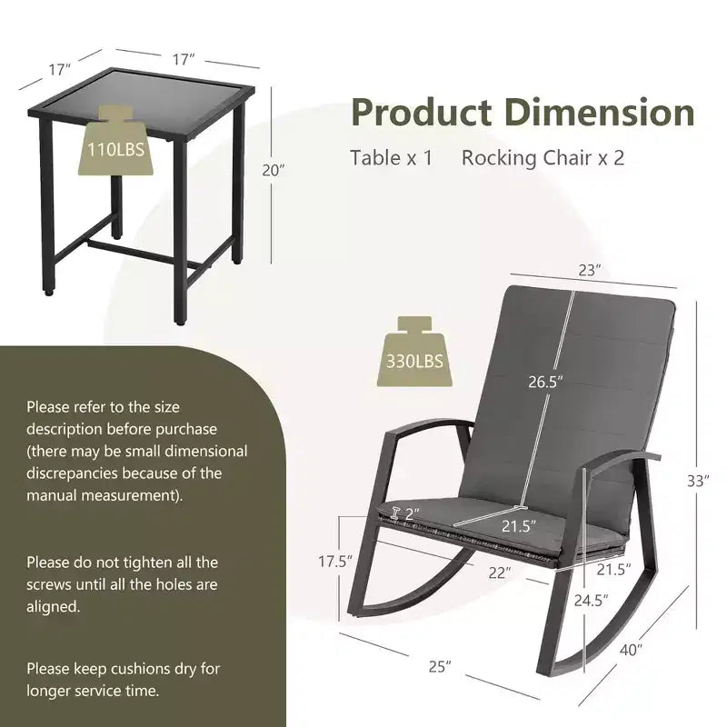 Set di 3 mobili da giardino Costway, composto da sedie a dondolo in rattan e tavolino, con cuscini per patio