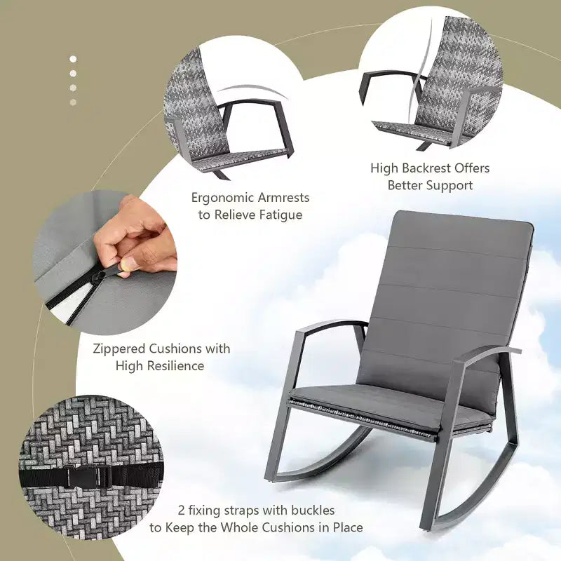 Set di 3 mobili da giardino Costway, composto da sedie a dondolo in rattan e tavolino, con cuscini per patio
