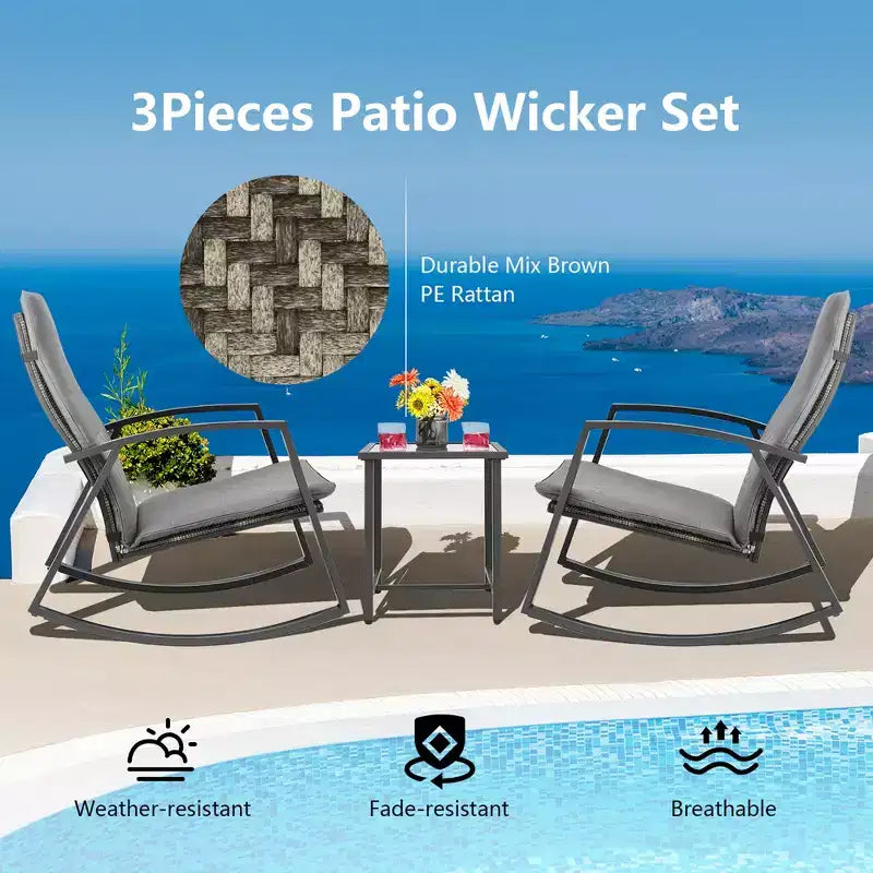 Set di 3 mobili da giardino Costway, composto da sedie a dondolo in rattan e tavolino, con cuscini per patio