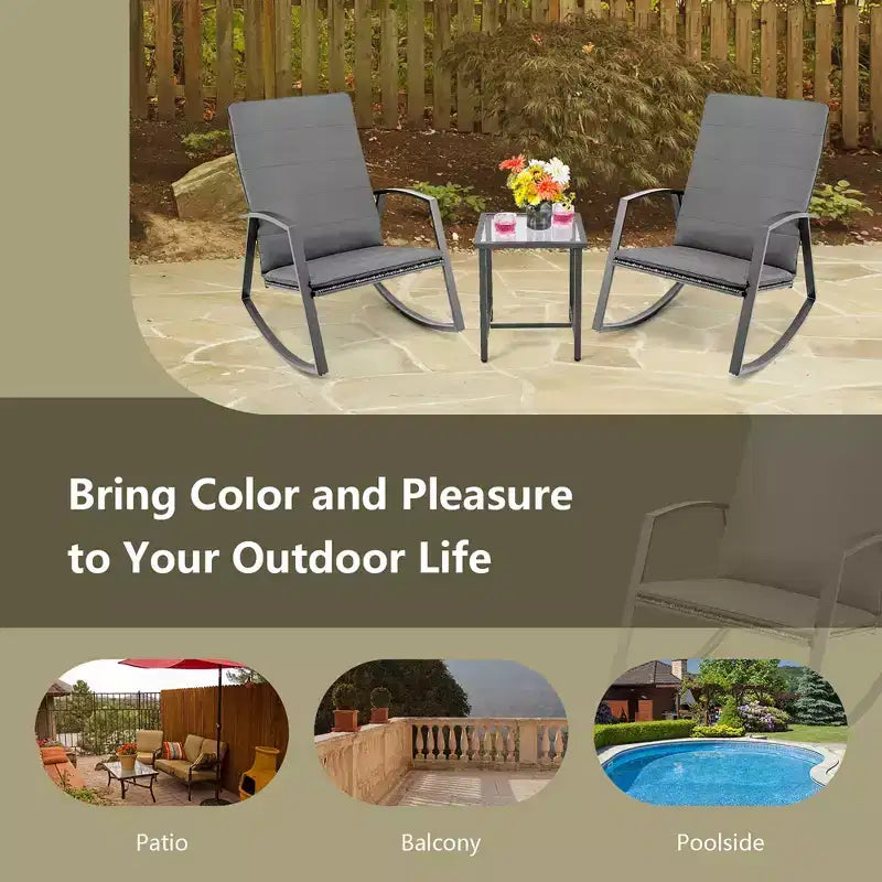 Set di 3 mobili da giardino Costway, composto da sedie a dondolo in rattan e tavolino, con cuscini per patio