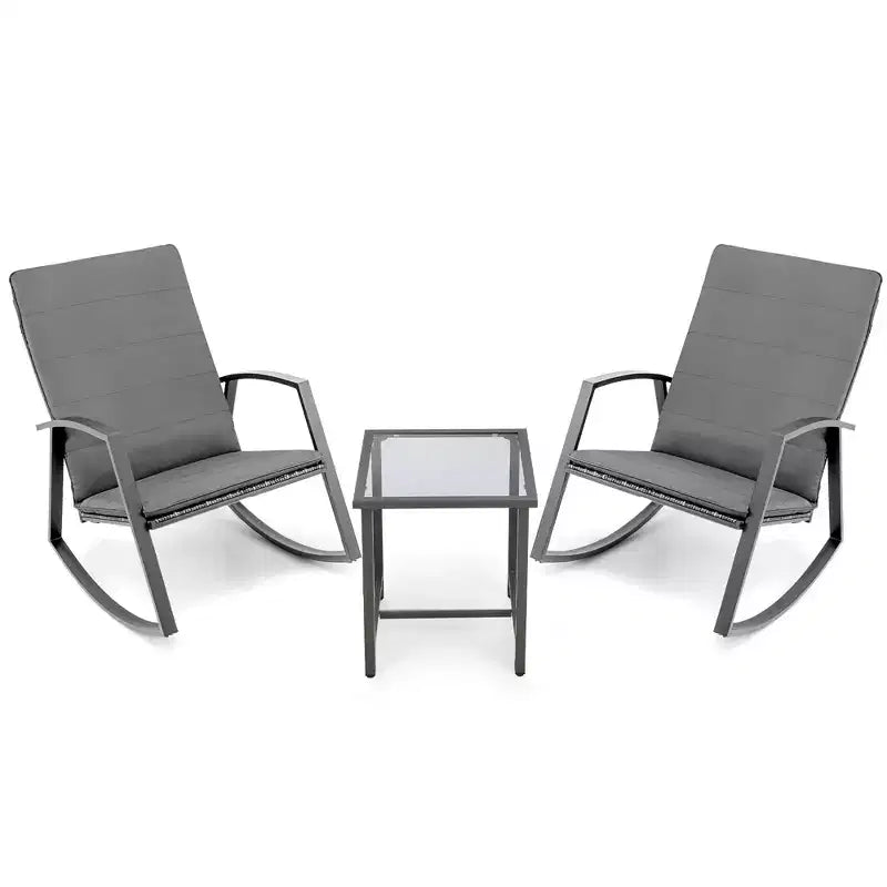 Set di 3 mobili da giardino Costway, composto da sedie a dondolo in rattan e tavolino, con cuscini per patio