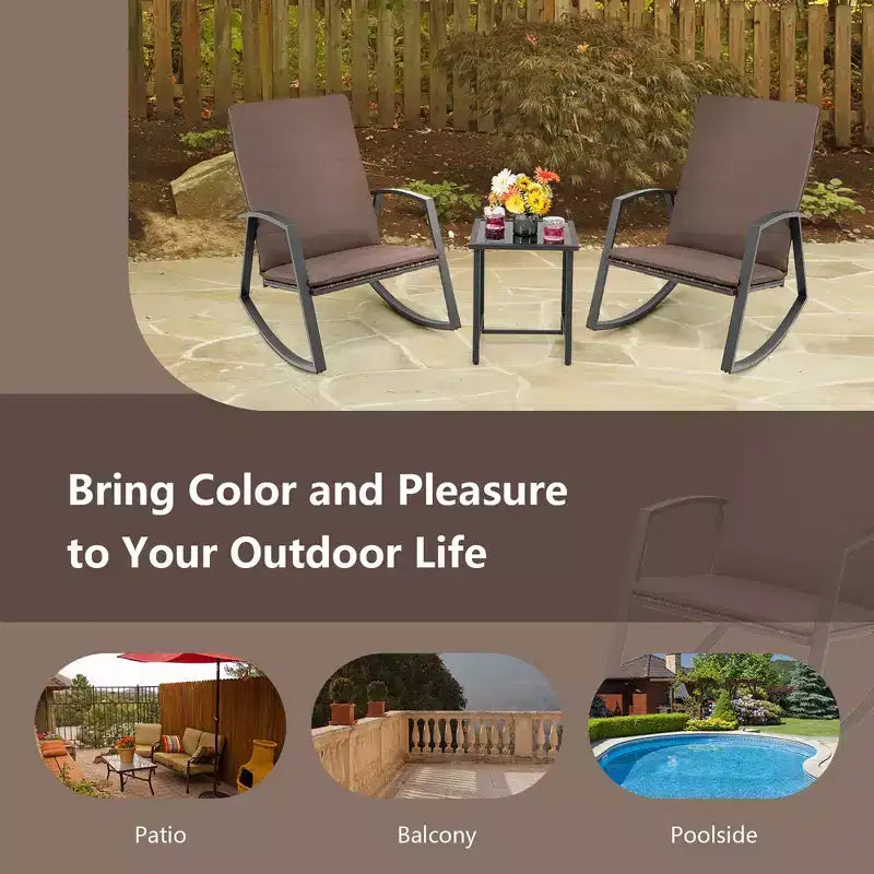Set di 3 mobili da giardino Costway, composto da sedie a dondolo in rattan e tavolino, con cuscini per patio