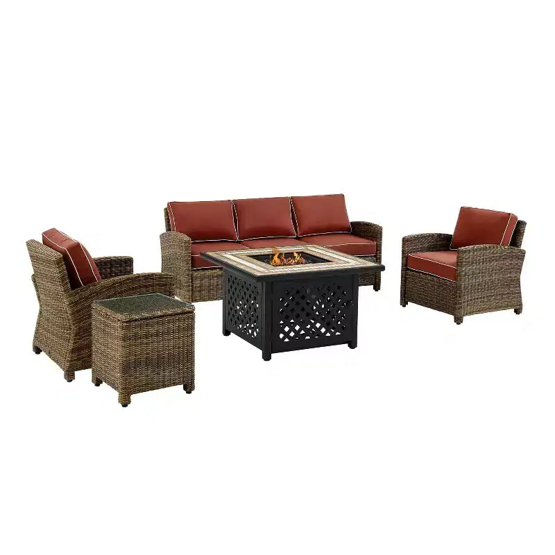 Set Conversazione da Esterno in Vimini Bradenton da 5 pezzi con Tavolo da Fuoco - Crosley