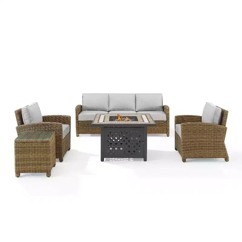 Set Conversazione da Esterno in Vimini Bradenton da 5 pezzi con Tavolo da Fuoco - Crosley