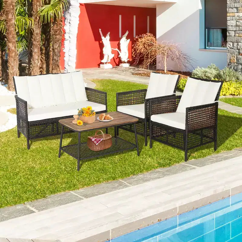 Set di mobili da giardino Costway 8 pezzi in rattan con sedie imbottite e tavolo in legno con ripiano