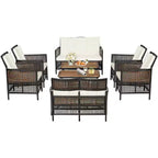 Set di mobili da giardino Costway 8 pezzi in rattan con sedie imbottite e tavolo in legno con ripiano