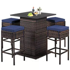 Costway Set 5 Pezzi Tavolo da Bar e Sgabelli in Rattan da Esterno con Ripiano Contenitore Nascosto e Cuscini