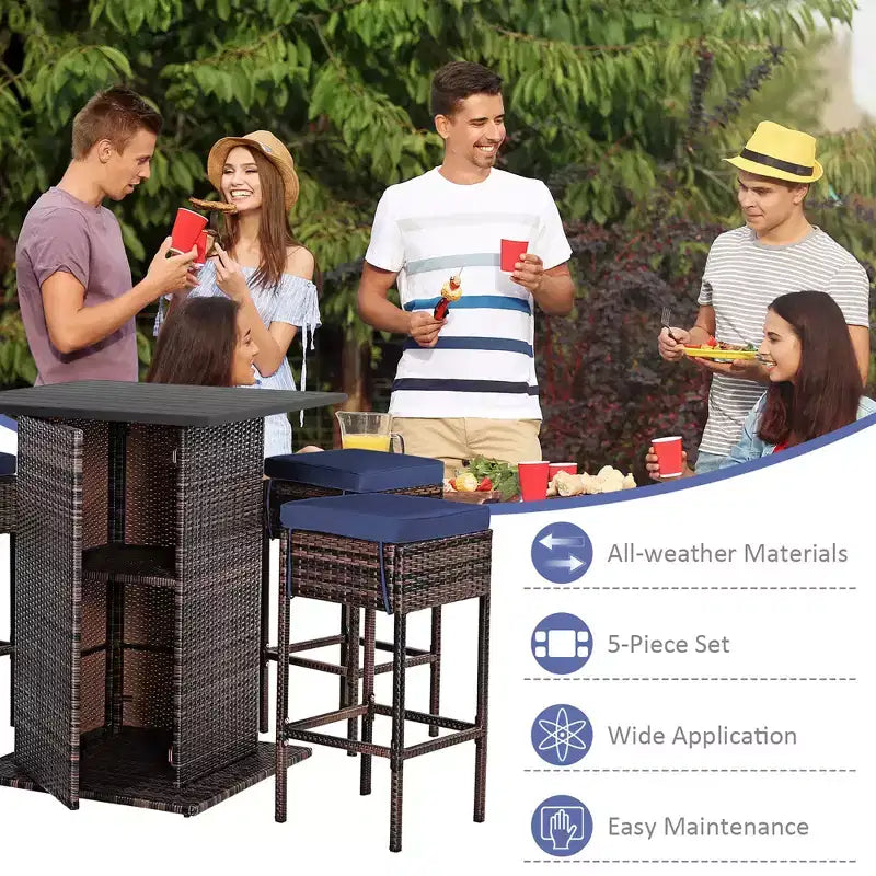 Costway Set 5 Pezzi Tavolo da Bar e Sgabelli in Rattan da Esterno con Ripiano Contenitore Nascosto e Cuscini