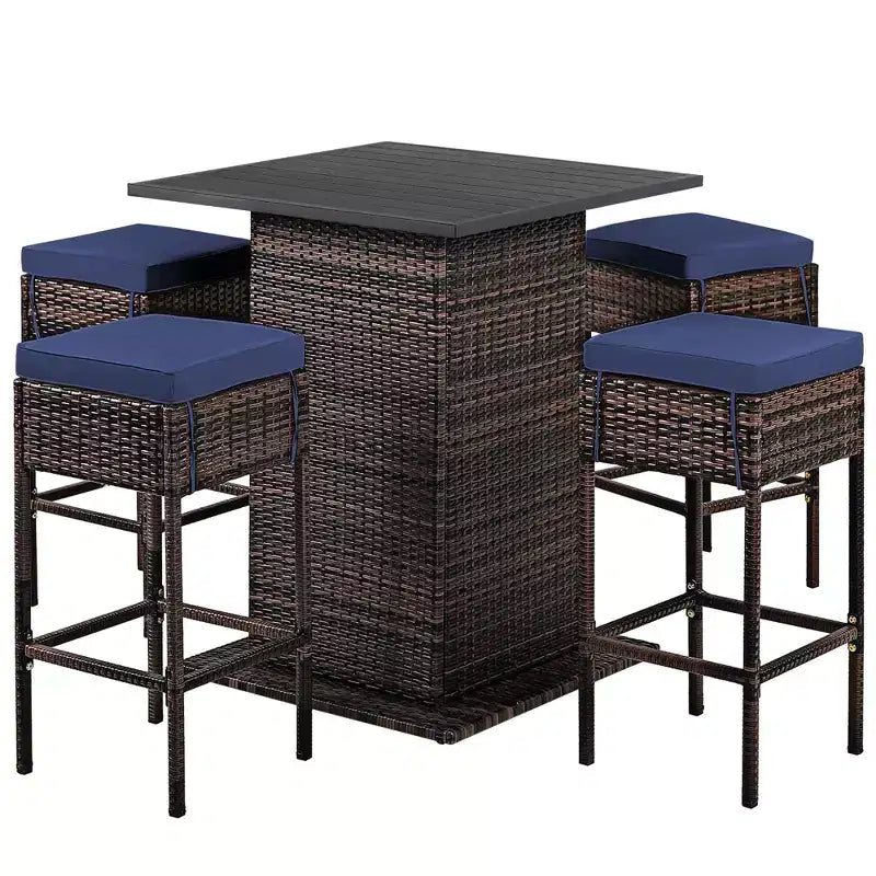 Costway Set 5 Pezzi Tavolo da Bar e Sgabelli in Rattan da Esterno con Ripiano Contenitore Nascosto e Cuscini