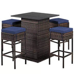 Costway Set 5 Pezzi Tavolo da Bar e Sgabelli in Rattan da Esterno con Ripiano Contenitore Nascosto e Cuscini
