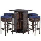 Costway Set 5 Pezzi Tavolo da Bar e Sgabelli in Rattan da Esterno con Ripiano Contenitore Nascosto e Cuscini