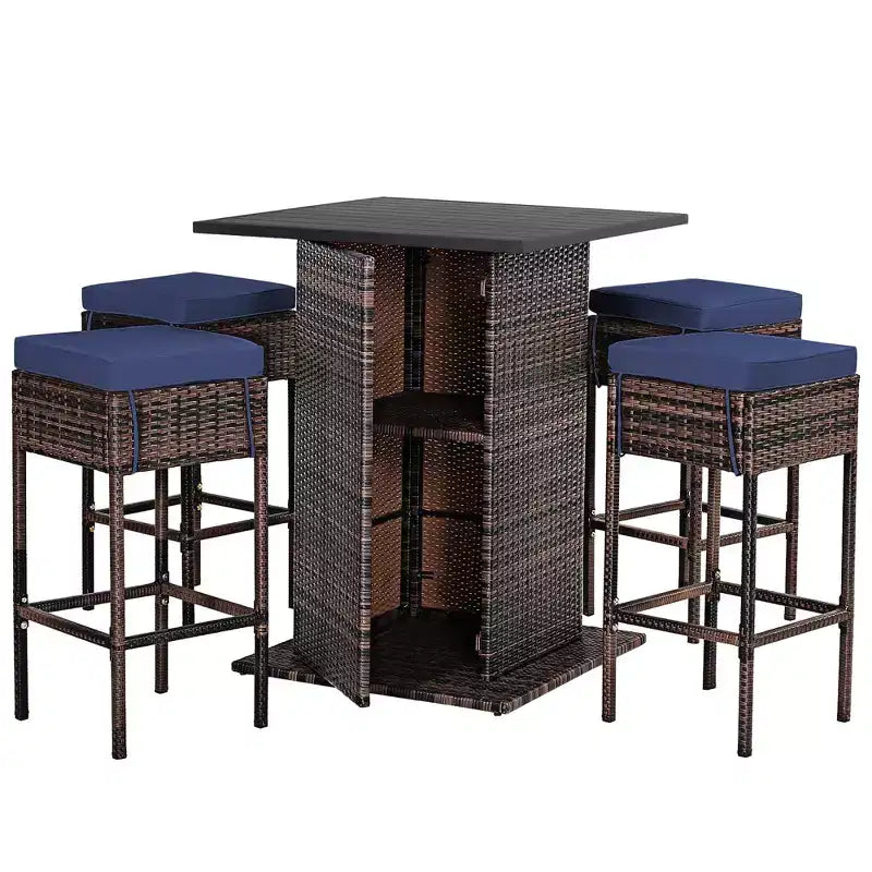 Costway Set 5 Pezzi Tavolo da Bar e Sgabelli in Rattan da Esterno con Ripiano Contenitore Nascosto e Cuscini