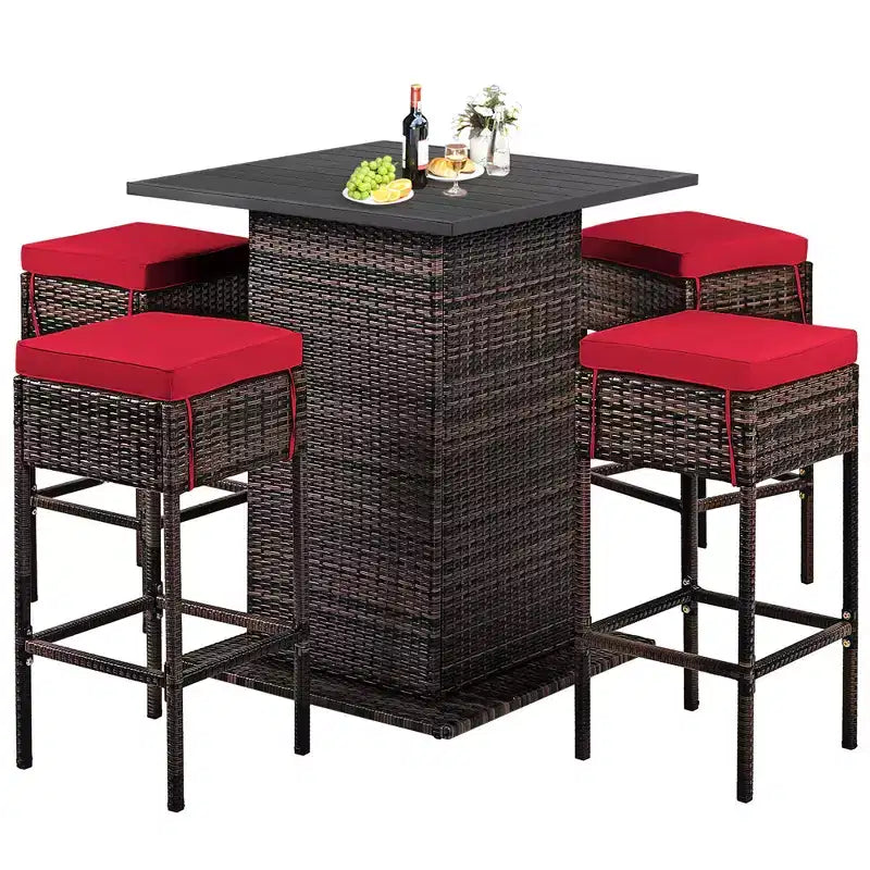 Costway Set 5 Pezzi Tavolo da Bar e Sgabelli in Rattan da Esterno con Ripiano Contenitore Nascosto e Cuscini