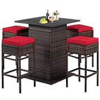 Costway Set 5 Pezzi Tavolo da Bar e Sgabelli in Rattan da Esterno con Ripiano Contenitore Nascosto e Cuscini