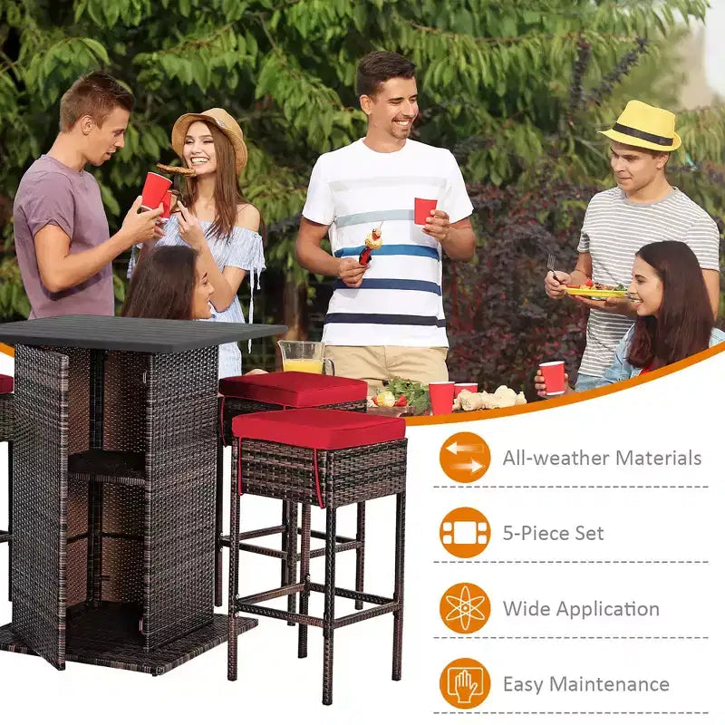 Costway Set 5 Pezzi Tavolo da Bar e Sgabelli in Rattan da Esterno con Ripiano Contenitore Nascosto e Cuscini