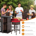 Costway Set 5 Pezzi Tavolo da Bar e Sgabelli in Rattan da Esterno con Ripiano Contenitore Nascosto e Cuscini