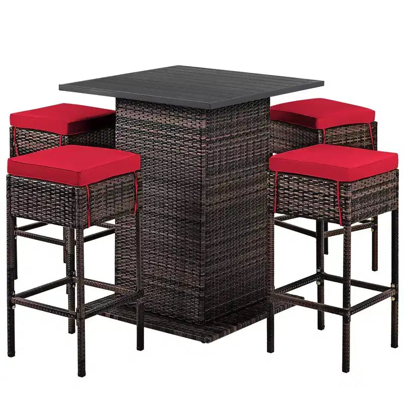 Costway Set 5 Pezzi Tavolo da Bar e Sgabelli in Rattan da Esterno con Ripiano Contenitore Nascosto e Cuscini