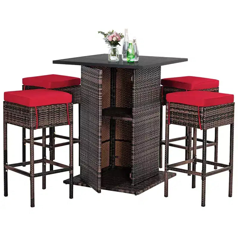 Costway Set 5 Pezzi Tavolo da Bar e Sgabelli in Rattan da Esterno con Ripiano Contenitore Nascosto e Cuscini