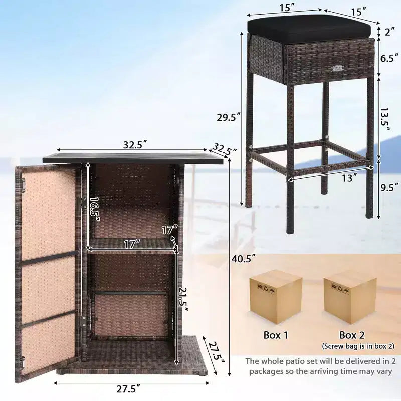 Costway Set 5 Pezzi Tavolo da Bar e Sgabelli in Rattan da Esterno con Ripiano Contenitore Nascosto e Cuscini