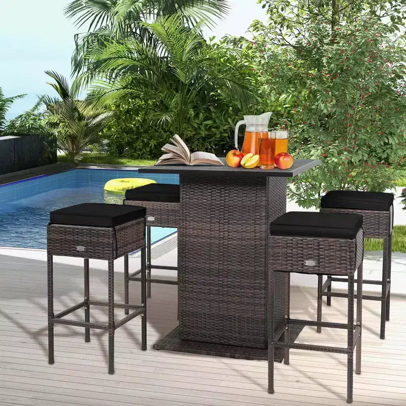 Costway Set 5 Pezzi Tavolo da Bar e Sgabelli in Rattan da Esterno con Ripiano Contenitore Nascosto e Cuscini