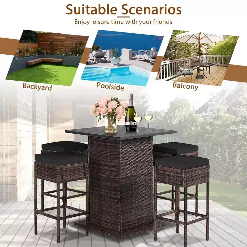 Costway Set 5 Pezzi Tavolo da Bar e Sgabelli in Rattan da Esterno con Ripiano Contenitore Nascosto e Cuscini
