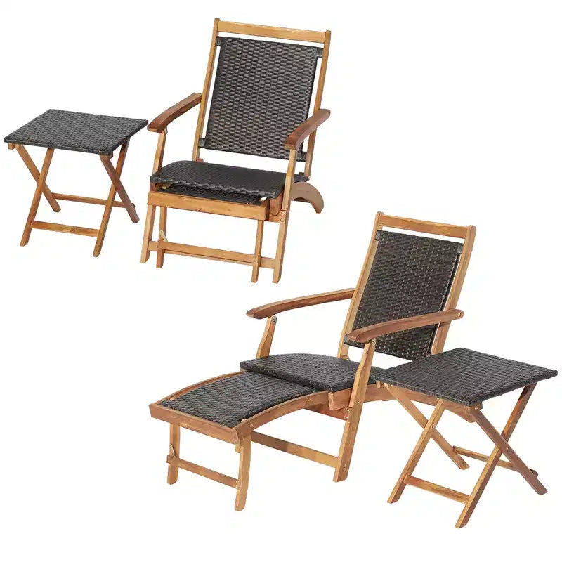 Set 4 sedie da giardino pieghevoli in rattan Costway con tavolino in legno di acacia e poggiapiedi a scomparsa