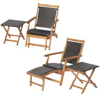 Set 4 sedie da giardino pieghevoli in rattan Costway con tavolino in legno di acacia e poggiapiedi a scomparsa