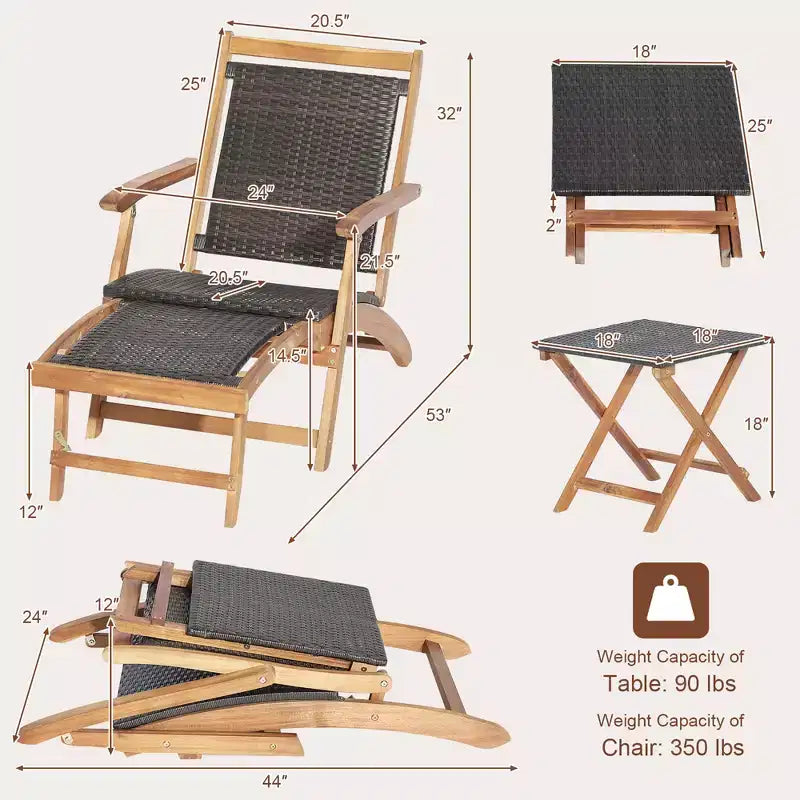 Set 4 sedie da giardino pieghevoli in rattan Costway con tavolino in legno di acacia e poggiapiedi a scomparsa
