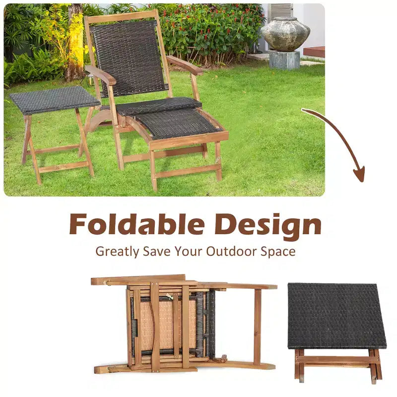 Set 4 sedie da giardino pieghevoli in rattan Costway con tavolino in legno di acacia e poggiapiedi a scomparsa