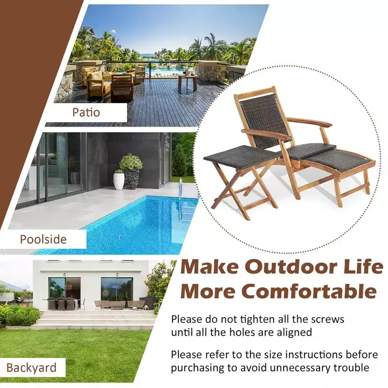 Set 4 sedie da giardino pieghevoli in rattan Costway con tavolino in legno di acacia e poggiapiedi a scomparsa