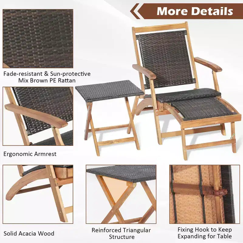 Set 4 sedie da giardino pieghevoli in rattan Costway con tavolino in legno di acacia e poggiapiedi a scomparsa