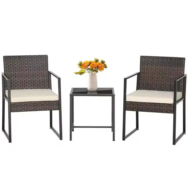 Set di mobili da giardino Costway da 3 pezzi, sedie e tavolino in rattan intrecciato con cuscini, ultra resistenti