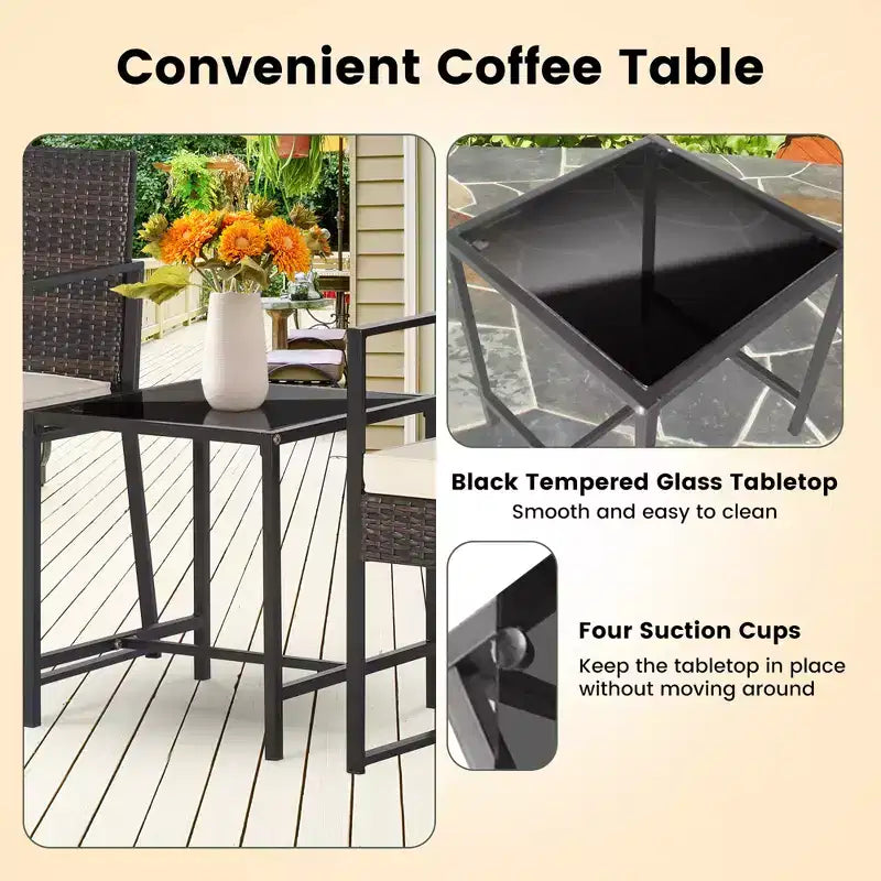 Set di mobili da giardino Costway da 3 pezzi, sedie e tavolino in rattan intrecciato con cuscini, ultra resistenti